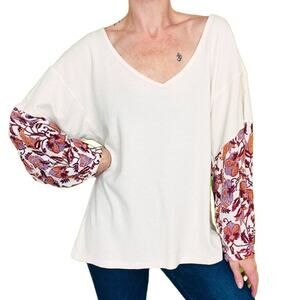 Anthropologie Annette White Waffle Knit Floral Sleeve Top Size M